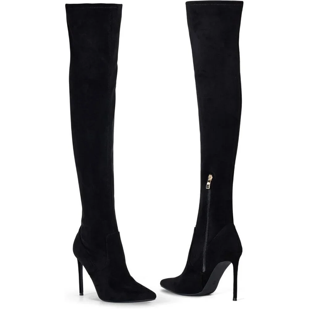 Women Black Suede Pointed Toe 4.3 inch Stilettos Thigh High Heels Stretch Boots
